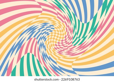 Colorful swirl checkered background. Retro 60s 70s psychedelic funky cover design. Abstract groovy poster in Y2K style. Vector wallpaper for print templates or textile.