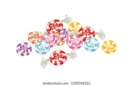 Colorful swirl hard candy. Heap of sweets. Vector cartoon illustration.