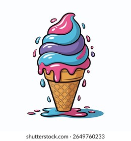 Colorful swirl ice cream cone dessert illustration with drips and creative design details