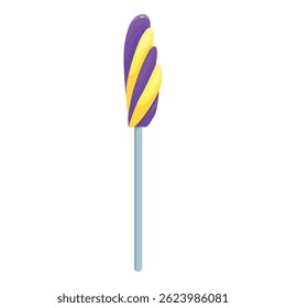 Colorful swirl lollipop is standing upright, showcasing its vibrant purple and yellow hues against a clean white backdrop