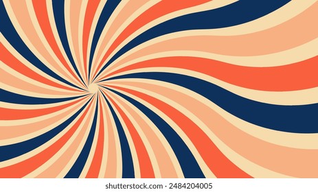 Un colorido diseño en espiral con rayas azules, naranjas y amarillas. Los colores son brillantes y vibrantes, creando una sensación de energía y movimiento. El patrón recuerda a una espiral