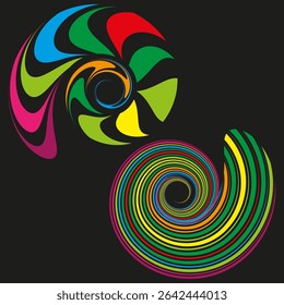 Colorful swirl vector. Neon spiral shape. Hypnotic dark background. Psychedelic vortex motion.