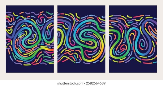  Colorful Swirling Gradient Line Art. Abstract Gradient hand drawn Lines Set. Summer wave Curved Rainbow Gradient Shapes with blank area for copy space paper size vector illustration