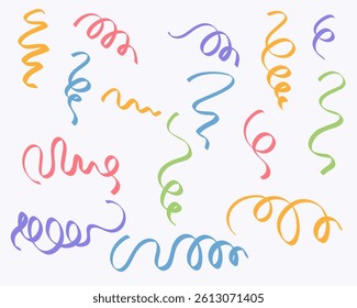 Colorful, swirling ribbons and streamers, scattered on a white background.