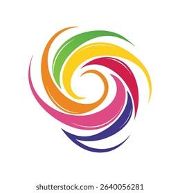 Colorful swirling spiral design element featuring a vibrant gradient of rainbow colors in a modern abstract vector illustration.