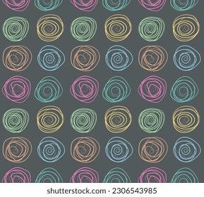 Colorful swirly circles on dark background endless pattern. Universal design for interiors, clothes and accessories.