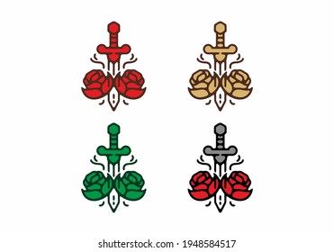 Colorful sword and rose tattoo illustration set design