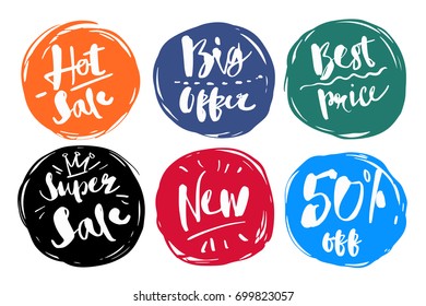 Colorful symbols collection set Special Hot sale, Big offer, Best price, Super sale, New, 50% off. Icons vector illustration for sale promotion or other uses.