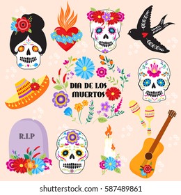 Colorful symbols Dia De Los muertos holiday day the dead vector 