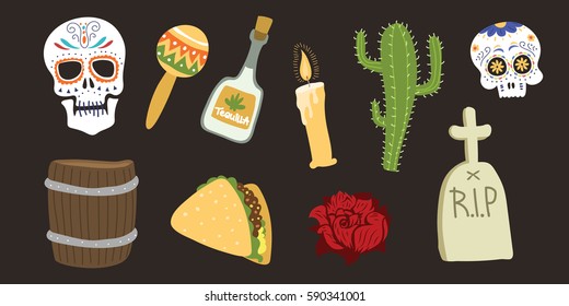 Colorful symbols for dia de los muertos day of the dead vector.
