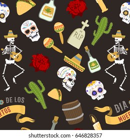 Colorful symbols for Dia de Los muertos day of the Dead Day vector seamless pattern background