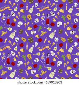 Colorful symbols for Dia de Los muertos day of the Dead Day vector seamless pattern background