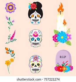 Colorful symbols Dia De Los muertos holiday day of the dead vector.