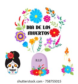 Colorful symbols Dia De Los muertos holiday day of the dead vector.