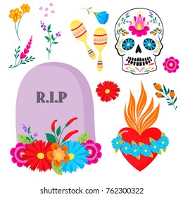 Colorful symbols Dia De Los muertos holiday day of the dead vector.