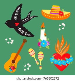 Colorful symbols Dia De Los muertos holiday day of the dead vector.