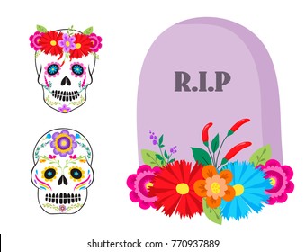 Colorful symbols Dia De Los muertos holiday day of the dead vector.