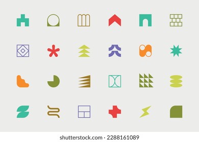 Colorful Symbols set. Abstract and basic shapes. Geometric forms. Minimalist icons. Flat vector concept. Modern signs. Isolated elements. Neo geo art.