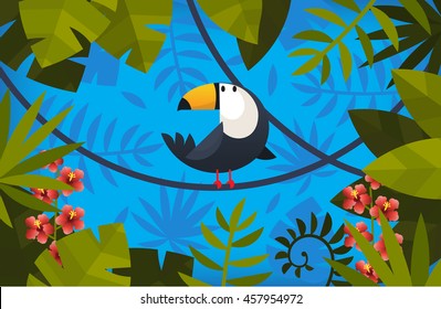 Colorful symmetric illustration with toucan and exotic leaves as a frame