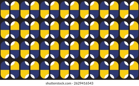 Colorful Symmetrical Design: Vibrant blue and yellow geometric layout with white accents, ideal for packaging, wallpapers, and digital art