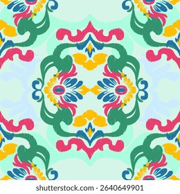 Colorful Symmetrical Floral Pattern with Ornamental Curves, Seamless floral patterns design for decorative, wall, wallpaper, wrapping paper, fabric, silk, scarf, book, wall, backdrop and etc.