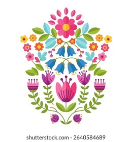 Colorful Symmetrical Floral Vector Illustration in Flat Folk-Art Style