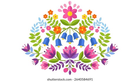 Colorful Symmetrical Floral Vector Illustration in Flat Folk-Art Style