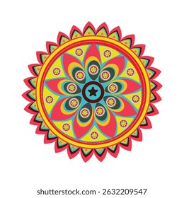 A colorful, symmetrical mandala design featuring a circular pattern with layers of petals and intricate details.