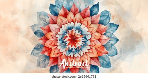 A colorful, symmetrical mandala design with vibrant watercolor flowers and leaves, set against a soft, hazy background.