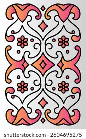 A colorful, symmetrical pattern of swirling lines and shapes in shades of pink, orange, and red, with black outlines.
