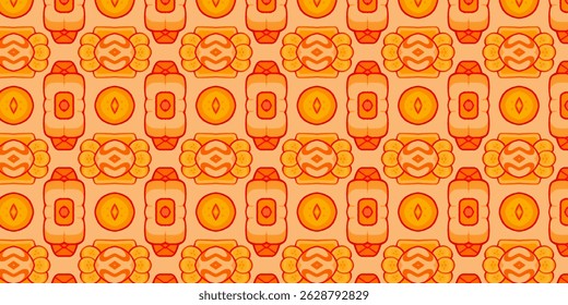 Colorful symmetrical vintage pattern with warm orange and yellow hues.