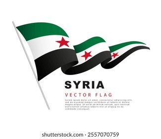 Colorful Syrian flag logo. The revolution flag of Syria hands on a flagpole and flutter in the wind. Vector illustration isolated on white background. 