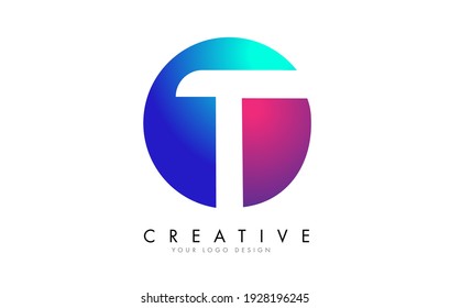 Colorful T Letter Logo Design with Creative Cuts and Gradient Blue and Pink Rounded Background. Creative T Icon.