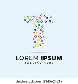 Colorful t letter logo template with polka dot circle and square shape pixel