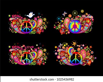 Colorful t shirt prints collection with hippie peace symbol, flying dove with olive branch, abstract flowers, mushrooms, paisley and rainbow on black background