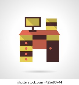 Colorful table with drawers, shelves, computer and books. Furniture for home and office. Workplace, desk for learning. Flat color style vector icon