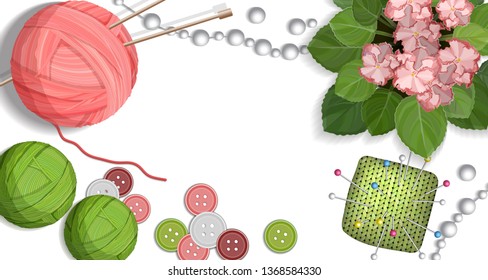 Colorful table with handmade crafts for knitting and sewing vector illustration