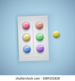 Colorful tablets with the colors of the rainbow, vector pills of children s vitamins, Medical Products