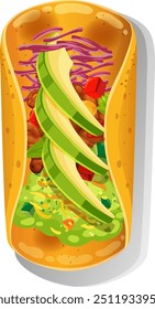 Colorful taco with fresh ingredients and avocado slices