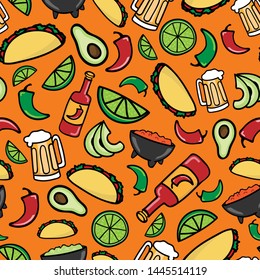 Colorful Taco Time Fiesta seamless pattern. Mexican restaurant food and beverage background design.