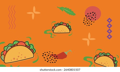Colorful tacos with chili, leaves, and festive abstract shapes on orange background. Ideal for Mexican food ads and fun branding visuals.
