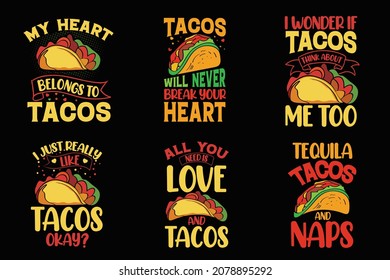 Colorful tacos lettering design bundle with graphics