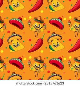 Ilustração de tacos coloridos, sombreros e pimentas chili