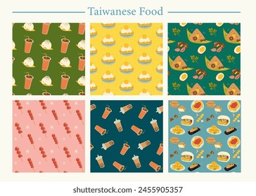 Colorful Taiwanese street food, desserts and drink pattern wallpapers isolated on white background