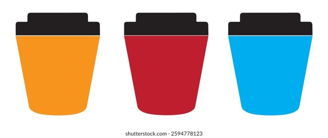 colorful takeaway coffee cups against a white background 
