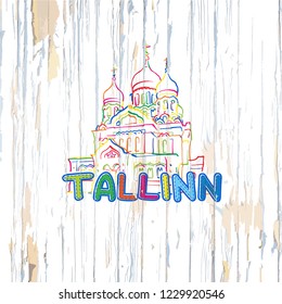 Colorful Tallin drawing on wooden background