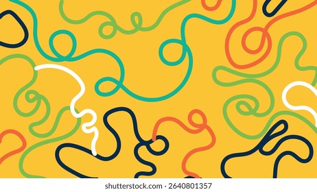 Colorful tangle of squiggle lines in red, navy, white, and green on a vivid yellow background. Energetic and bold composition for modern creative use.