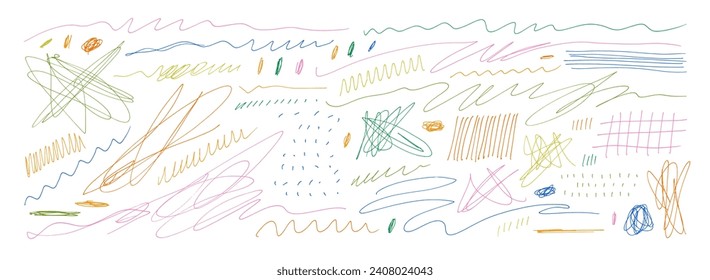 Colorful tangle thin curved lines and squiggles with simple doodle patterns. Hand drawn vector pen lines and various childish style shapes, marks. Pen scribbles collection. Scrawls and mess strokes.