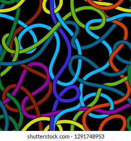 Colorful tangled messy wires on black seamless pattern, vector