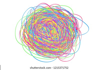 Colorful tangled on white. Chaos pattern. Scribble sketch. Bright background with array of lines. Intricate chaotic texture. Art creation. Print for polygraphy, posters and t-shirts